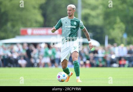 Westerstede, Germany. 16th July, 2023. Soccer: Test matches Werder Bremen - VfB Oldenburg, Werder's Marco Friedl on the ball. Credit: Carmen Jaspersen/dpa/Alamy Live News Stock Photo