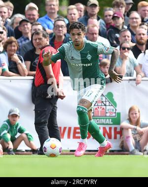 Westerstede, Germany. 16th July, 2023. Soccer: Test matches Werder Bremen - VfB Oldenburg, Werder's Justin Njinmah on the ball. Credit: Carmen Jaspersen/dpa/Alamy Live News Stock Photo