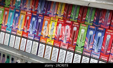 Display of disposable vape products in a shop in Camden, London Stock Photo