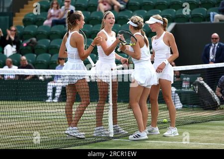 Alena Kovackova and Laura Samsonova (right) celebrates victory over Isabelle Lacy and Hannah Klugman (left) following the Girls' Doubles Final on day fourteen of the 2023 Wimbledon Championships at the All England Lawn Tennis and Croquet Club in Wimbledon. Picture date: Sunday July 16, 2023. Stock Photo