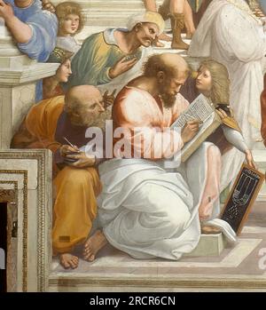 A detail from the School of Athens or Scuola di Atene. Fresco by Raphael in the Apostolic Palace of the Vatican. 1511. It is believed to show, main figures left to right, Anaximander, Averroes, Pythagoras and Archimedes. Stock Photo