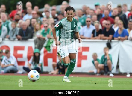 Westerstede, Germany. 16th July, 2023. Soccer: Test matches Werder Bremen - VfB Oldenburg. Werder's Lee Buchanan on the ball. Credit: Carmen Jaspersen/dpa/Alamy Live News Stock Photo