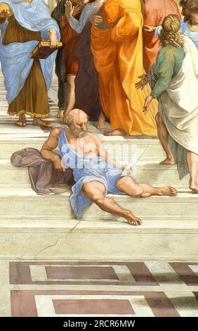 A detail from the School of Athens or Scuola di Atene. Fresco by Raphael in the Apostolic Palace of the Vatican. 1511. It is believed to show Diogenes. Stock Photo