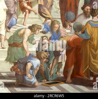 A detail from the School of Athens or Scuola di Atene. Fresco by Raphael in the Apostolic Palace of the Vatican. 1511. It is believed to show Donato Bramante in the role of Euclid. Stock Photo