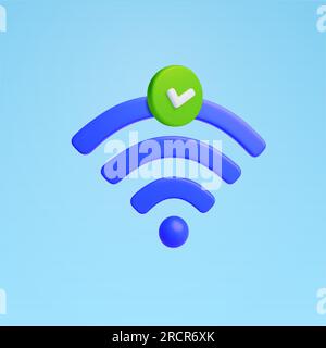 3d wireless icon with green checkmark, minimal style, isolated on background. Icon for internet connection, computer, laptop, pc, router, modem, 3d vector illustration. Vector illustration Stock Vector