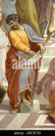 A detail from the School of Athens or Scuola di Atene. Fresco by Raphael in the Apostolic Palace of the Vatican. 1511. It is believed to show Parmenides. Stock Photo