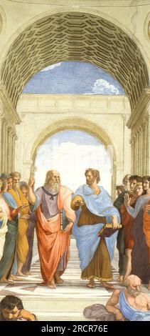 A detail from the School of Athens or Scuola di Atene. Fresco by Raphael in the Apostolic Palace of the Vatican. 1511. Two main figures are, left to right, Plato and Aristotle. Stock Photo