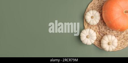 Autumn composition. Various pumpkins on olive green Background. Flat lay, top view, copy space. Nordic, hygge, cozy home concept. Thanksgiving fall de Stock Photo