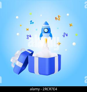 3d opened gift box with launching rocket, smoke, confetti effect, isolated on background. Concept for startup, rank up, boost performance, solution, advertising, marketing. 3d vector illustration. Vector illustration Stock Vector