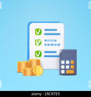 3d document, sheet with checklist, checkbox, check mark, calculator, stack of coins, isolated on background. Concept for financial report, accounting, income, revenue, cost. 3d vector illustration. Vector illustration Stock Vector