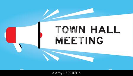 Color megaphone icon with word town hall meeting in white banner on blue background Stock Vector