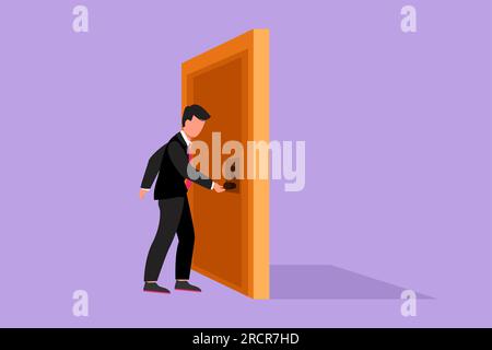 Cartoon flat style drawing young businessman holding a door knob. Entering working room in office building. Man holding door knob to open door and ent Stock Photo