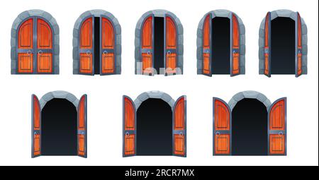 Castle door open, animation set vector illustration. Cartoon isolated ajar and closed wooden vintage gates, opening sequence of brown double doors inside stone arch of doorway in medieval dungeon Stock Vector