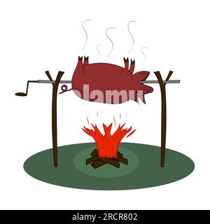 Whole pig roast on a spit. Vector isolated illustration. Stock Vector