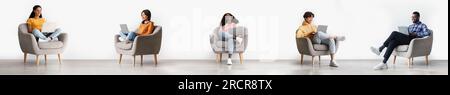 Collage With Multiethnic Young Freelancers People Using Laptops At Home Stock Photo