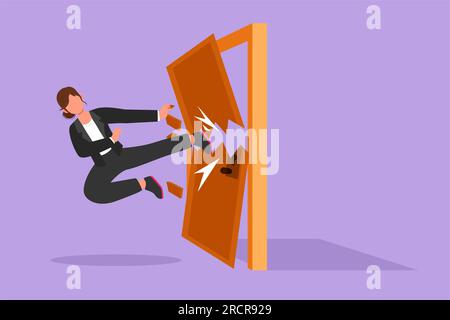 Cartoon flat style drawing businesswoman kicks the door with flying kick until door shattered. Woman kicking locked door. Business metaphor of overcom Stock Photo