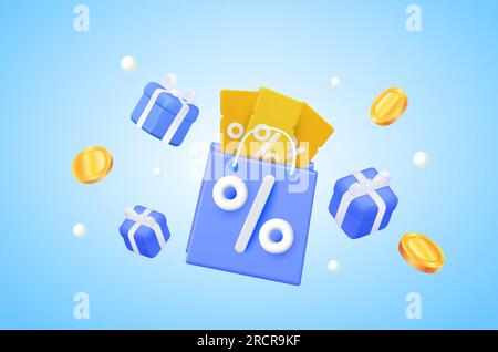 3d shopping bag with yellow coupons inside, voucher gift boxes, percentage sign and scattered coins. Sale by online promo code. Finance shopping online sale concept. 3d vector illustration. Vector illustration Stock Vector