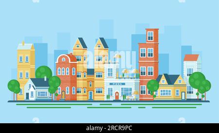 City landscape vector illustration. Cartoon urban cityscape with buildings exterior and trees, windows and doors in old colorful houses, Italian pizza cafe and shops on European summer street Stock Vector