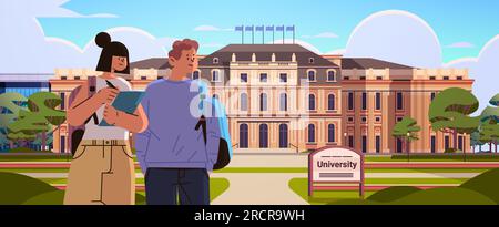 students couple walking at campus yard education concept people standing in front of university building Stock Vector