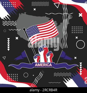 USA National day banner for Independence day in abstract modern design. United States of America map, raised fists, geometric art in flag color theme Stock Vector