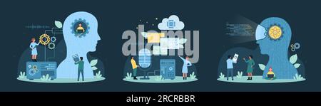 Cartoon tiny people work with computers, brain with artificial intelligence and circuit in human head, microphone and voice assistant. AI service and digital network technology set vector illustration Stock Vector