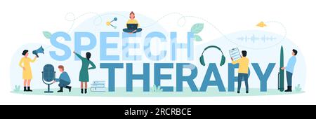 Speech therapy, typography infographic banner template vector illustration. Cartoon tiny people teaching basic articulation with language exercises, sound pronunciation correction by therapists Stock Vector