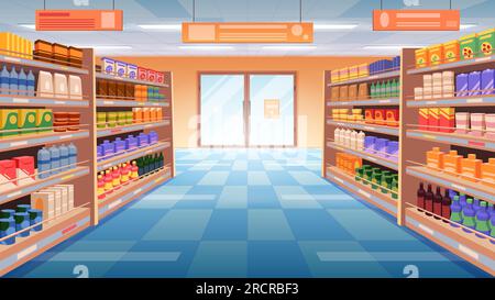 Perspective view of supermarket, grocery store aisle vector illustration. Cartoon mart interior with shelves and rack for variety of food product display and sales, full assortment of goods to buy Stock Vector