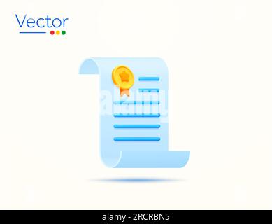 3d document, contract, certificate, diploma, license with medal icon, isolated on white background. Concept for graduation, student, expert. 3d vector illustration. Vector illustration Stock Vector