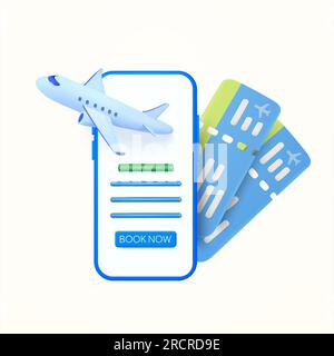 3d smartphone, airplane, flight tickets, book now button, isolated on white background. Concept for airport, transportation banner, travel app, resort, hotel, trip. 3d vector illustration. Vector illustration Stock Vector