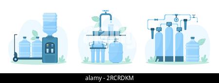 Water purification and delivery set vector illustration. Cartoon filtration facility and pressure pipeline, filters under faucet in home kitchen or bathroom, portable plastic bottles for office cooler Stock Vector