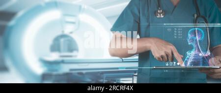 Doctor using digital tablet and Ai examine MRI virtual image x-ray picture. Medical healthcare equipment. Stock Photo