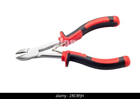 Wire cutter pliers with red and black handles isolated on white with clipping path included Stock Photo