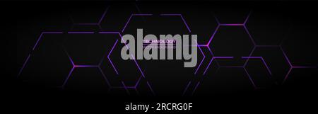 Technology black wide vector abstract background with purple hexagonal elements. Abstract hexagon gaming horizontal banner. Vector illustration Stock Vector