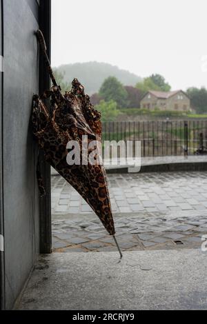 closed umbrella with leopard print and background rain in the village Stock Photo