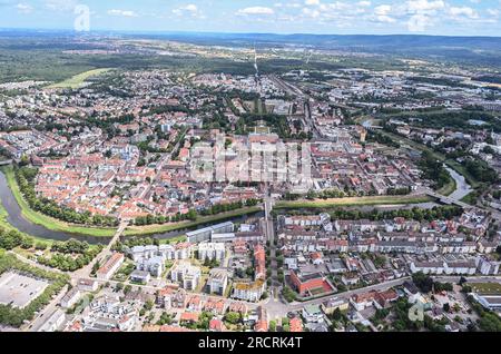 16 July 2023, Baden-Württemberg, Karlsruhe: Aerial view, taken from an airplane, of Rastatt city center. Photo: Uli Deck/dpa Stock Photo