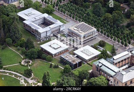 16 July 2023, Baden-Württemberg, Karlsruhe: Aerial view, taken from an airplane, of the Federal Constitutional Court. Photo: Uli Deck/dpa Stock Photo