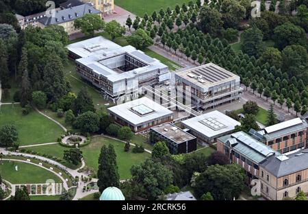16 July 2023, Baden-Württemberg, Karlsruhe: Aerial view, taken from an airplane, of the Federal Constitutional Court. Photo: Uli Deck/dpa Stock Photo