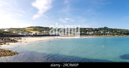 A landscape panorama view of the white sandy beach and ocean view at the popular tourist destination of Coverack in Cornwall, UK Stock Photo