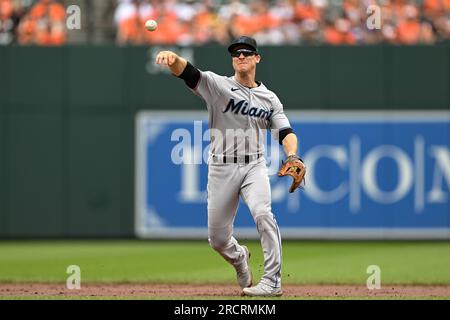 Joey Wendle of the Miami Marlins throws to first base against the News  Photo - Getty Images