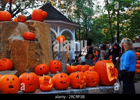 Carved pumpkins populate the Keene New Hampshire town green near Halloween during an autumn festival Stock Photo