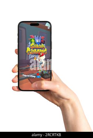 An iPhone mobile with the game Subway surfers Stock Photo - Alamy