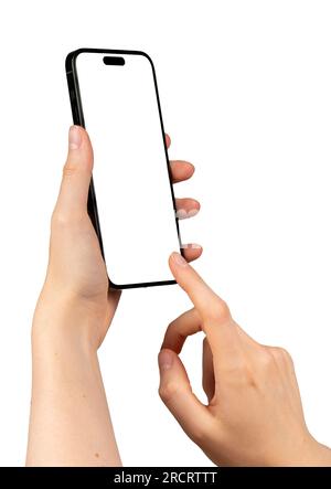 Berlin, Germany July 15 2023 Finger clicking on mobile phone screen mockup. Stock Photo