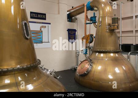 The Copper Pot Stills (a Wash Still and a Spirit Still) at the Royal Lochnagar Distillery near Balmoral in the Cairngorms National Park Stock Photo