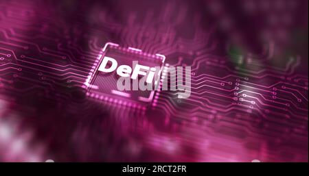 DeFi Decentralized Finance. Technology blockchain cryptocurrency concept on Server Room background. Stock Photo