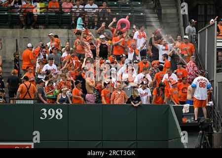 BALTIMORE, MD - June 15: Mr. Splash, sprays the crowd in the Orioles bird  bath after a home run during the Toronto Blue Jays versus the Baltimore  Orioles on June 15, 2023