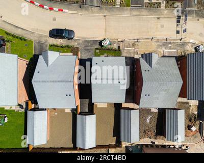 Pontypridd, Wales, UK - 20 May 2023: Overhead view of new houses built by Bellway Homes in Church Village on the outskirts of Pontypridd. Stock Photo