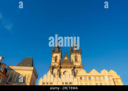 Low-angle view of the Church of Our Lady before Týn in Prague's Old Town Square Stock Photo