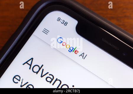 Vancouver, CANADA - Jun 29 2023 : Closeup logo of Google AI seen in its website on an iPhone. Google AI is a division of Google dedicated to AI tech Stock Photo