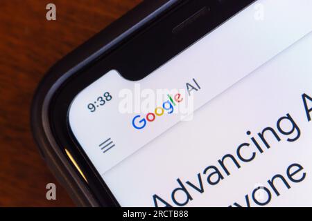 Vancouver, CANADA - Jun 29 2023 : Closeup logo of Google AI seen in its website on an iPhone. Google AI is a division of Google dedicated to AI tech Stock Photo