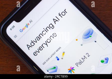 Vancouver, CANADA - Jun 29 2023 : Website of Google AI seen in an iPhone screen. Google AI is a division of Google dedicated to AI technology Stock Photo